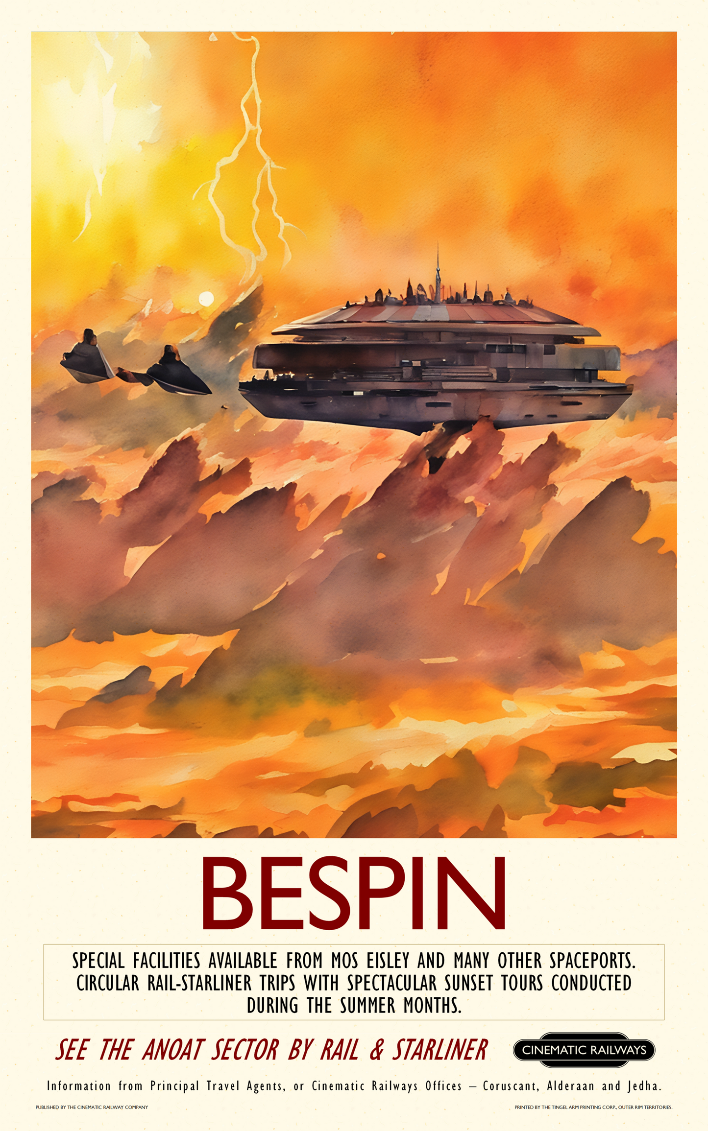 Bespin - a vintage travel poster inspired by your favourite film / movie - Cinematic Railways