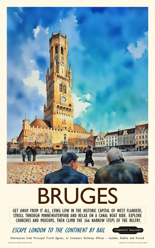 Bruges  - a vintage travel poster inspired by your favourite film / movie - Cinematic Railways