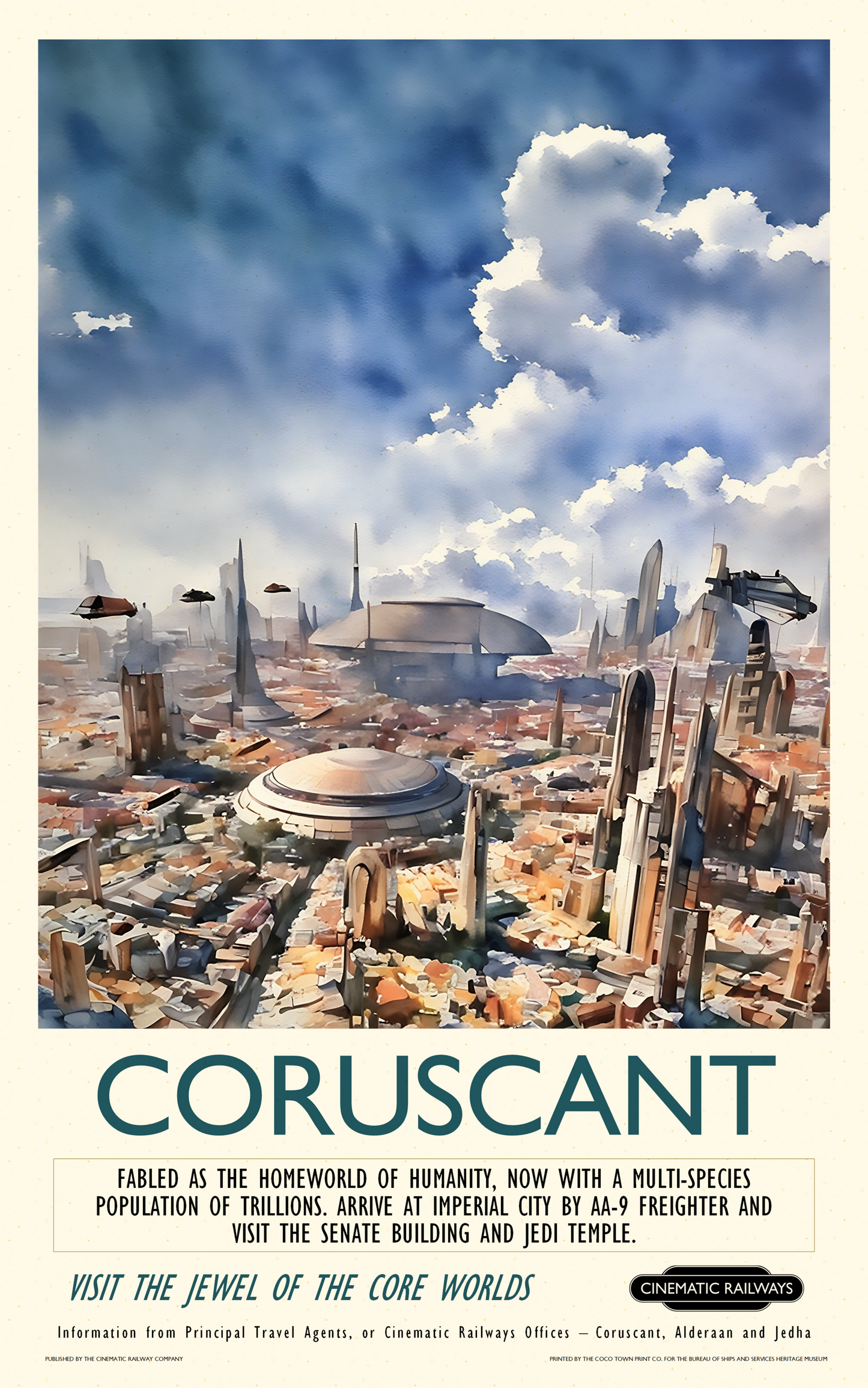 Coruscant - a vintage travel poster inspired by your favourite film / movie - Cinematic Railways