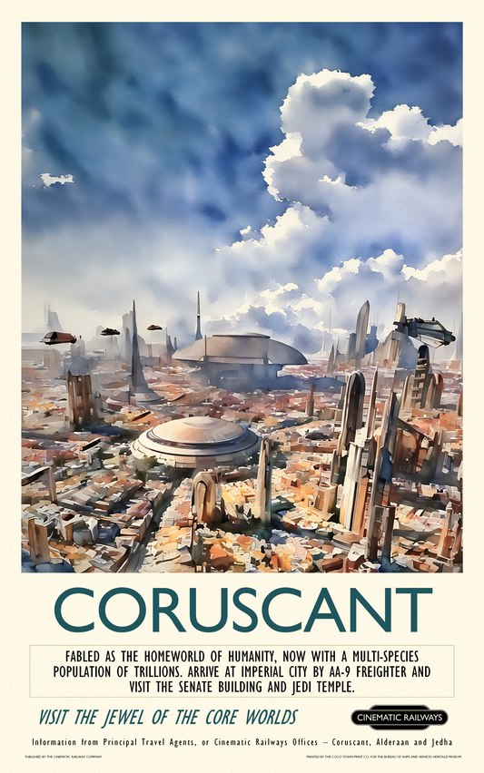 Coruscant  - a vintage travel poster inspired by your favourite film / movie - Cinematic Railways