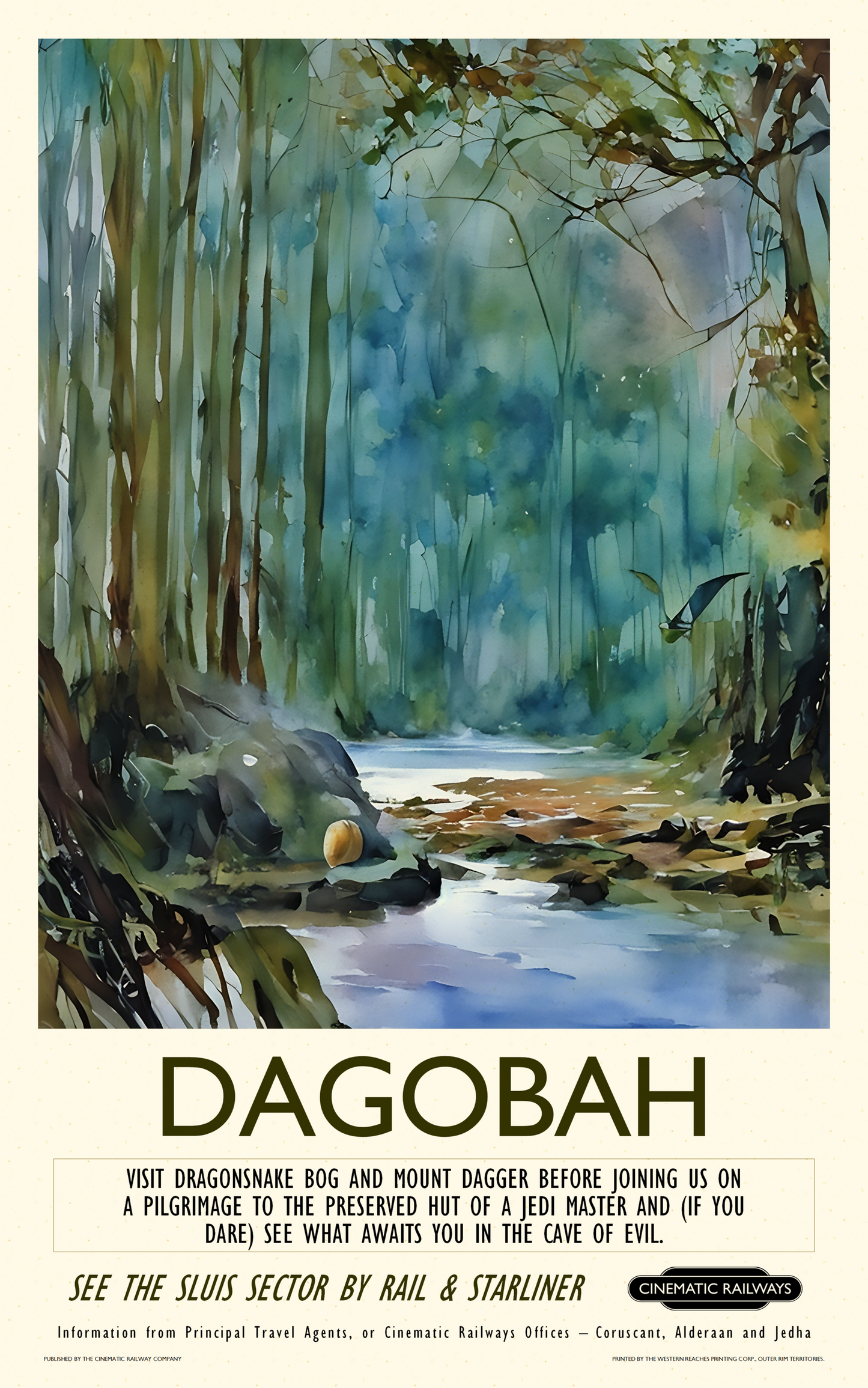Dagobah - a vintage travel poster inspired by your favourite film / movie - Cinematic Railways