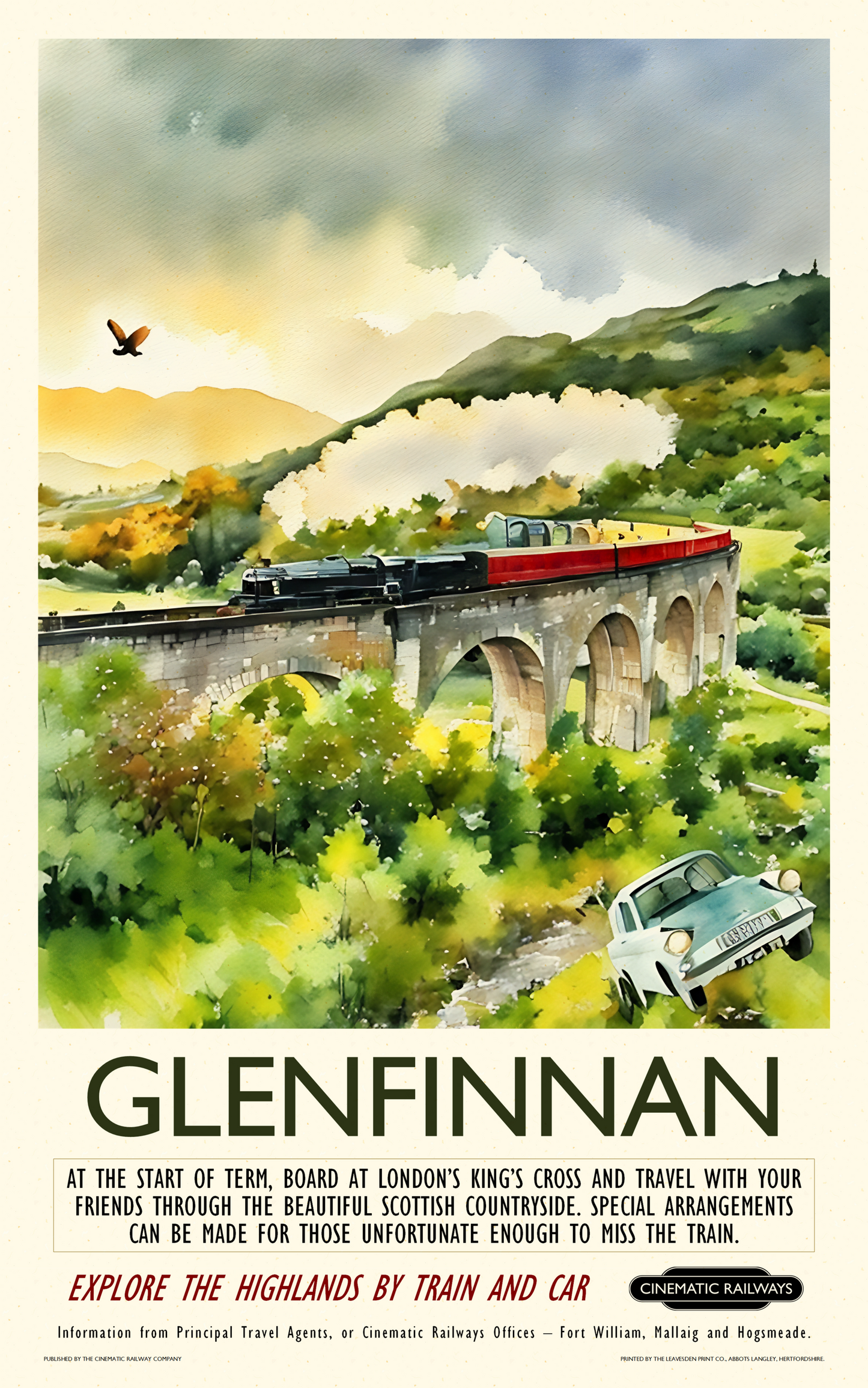 Glenfinnan - a vintage travel poster inspired by your favourite film / movie - Cinematic Railways