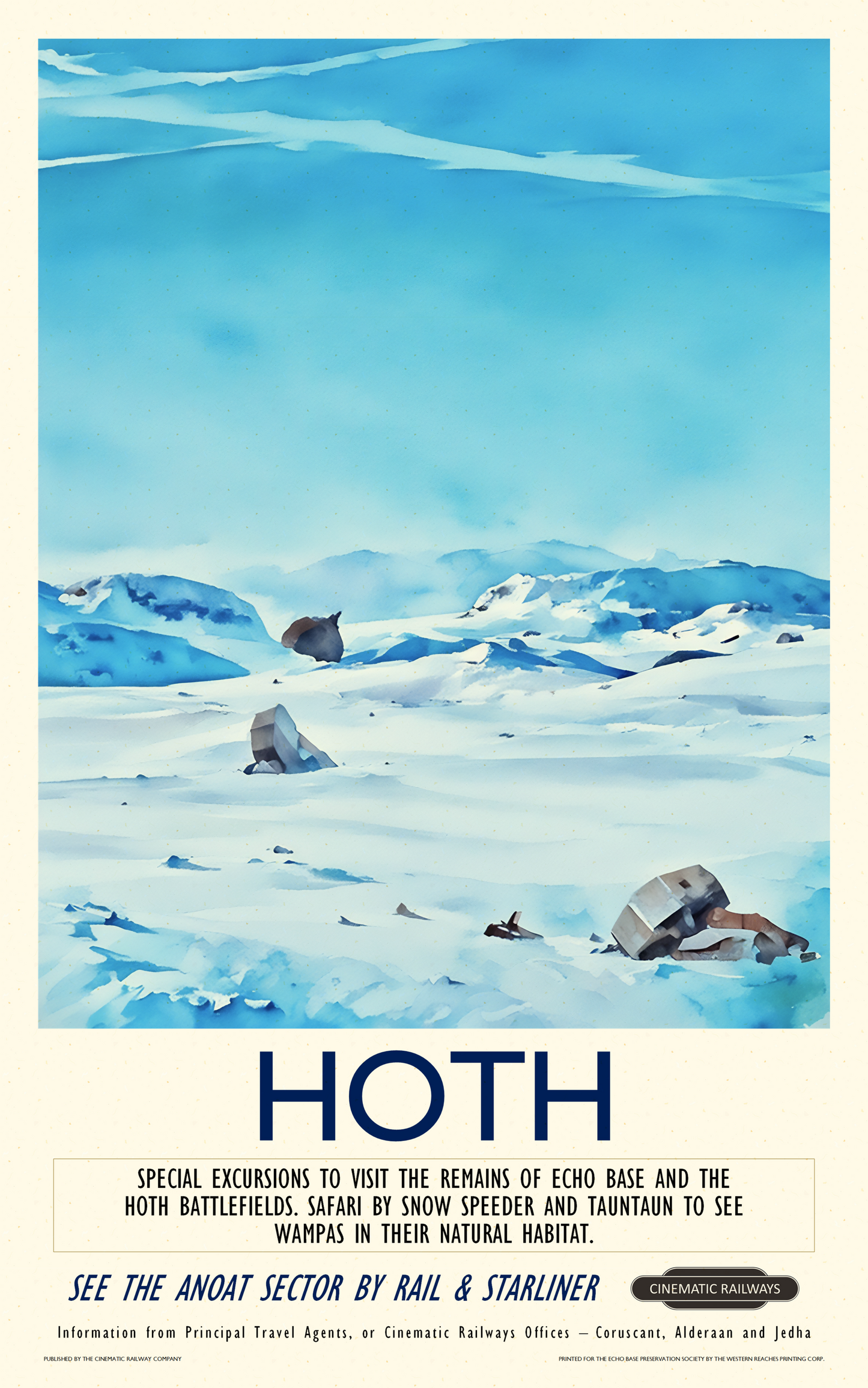 Hoth - a vintage travel poster inspired by your favourite film / movie - Cinematic Railways