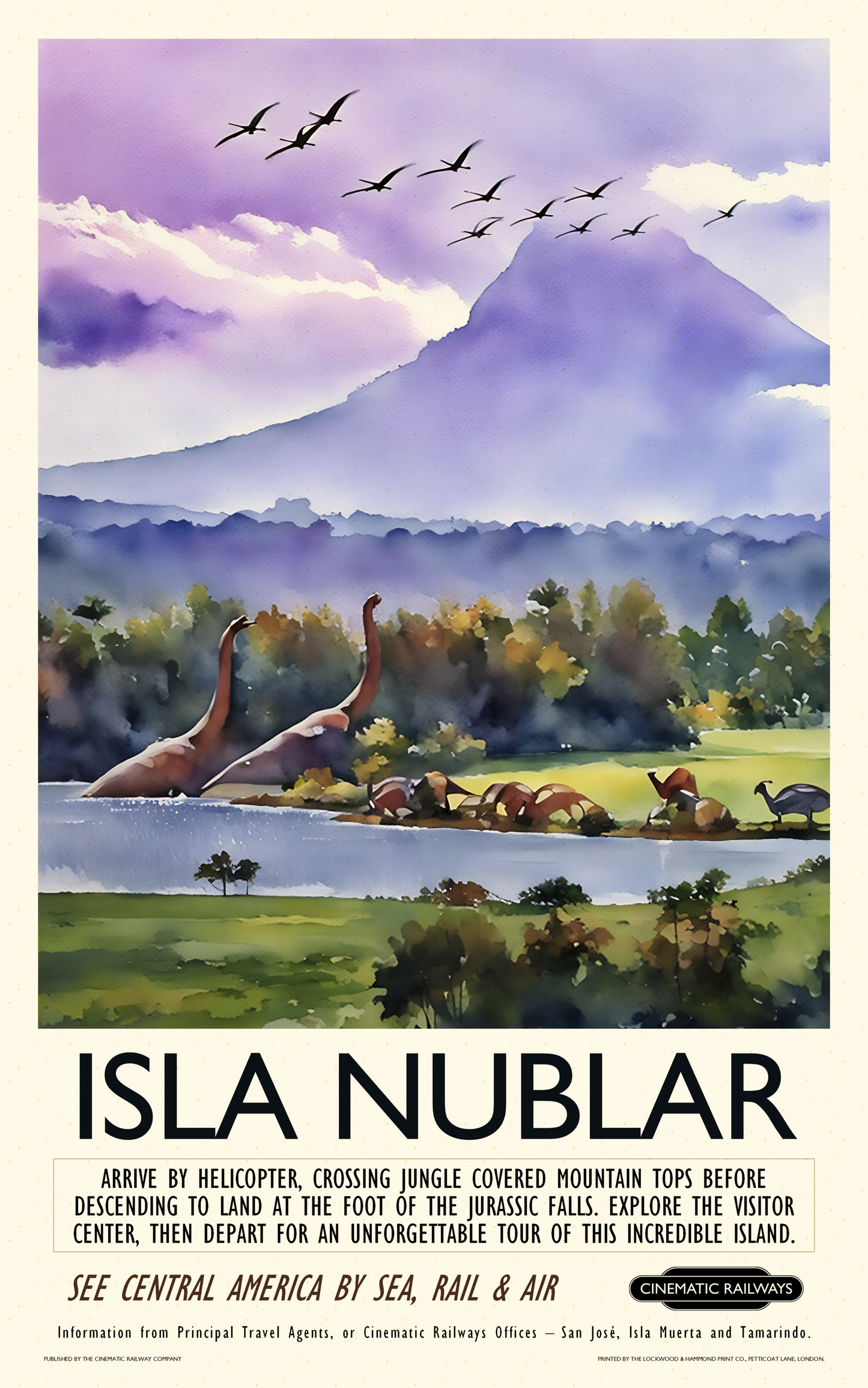Isla Nublar - a vintage travel poster inspired by your favourite film / movie - Cinematic Railways