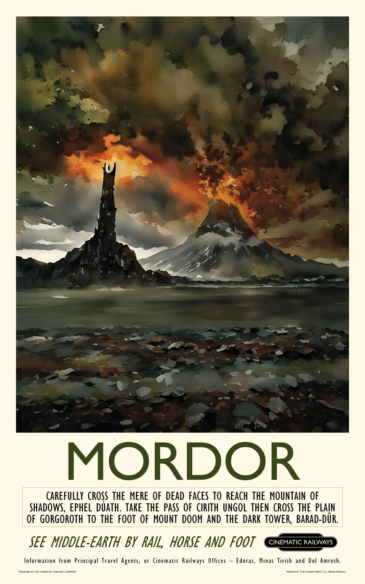 Mordor - a vintage travel poster inspired by your favourite film / movie - Cinematic Railways