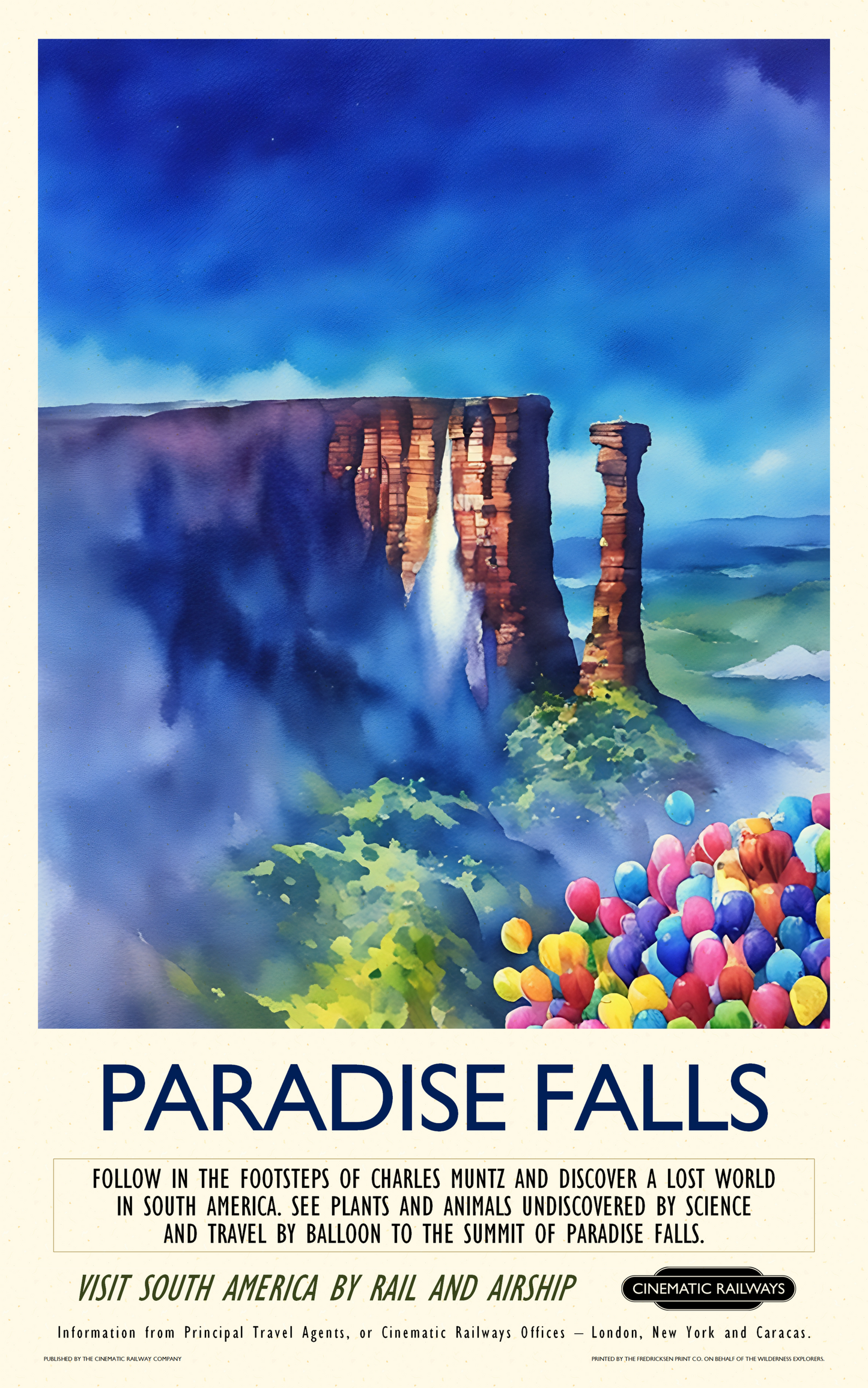 Paradise Falls - a vintage travel poster inspired by your favourite film / movie - Cinematic Railways