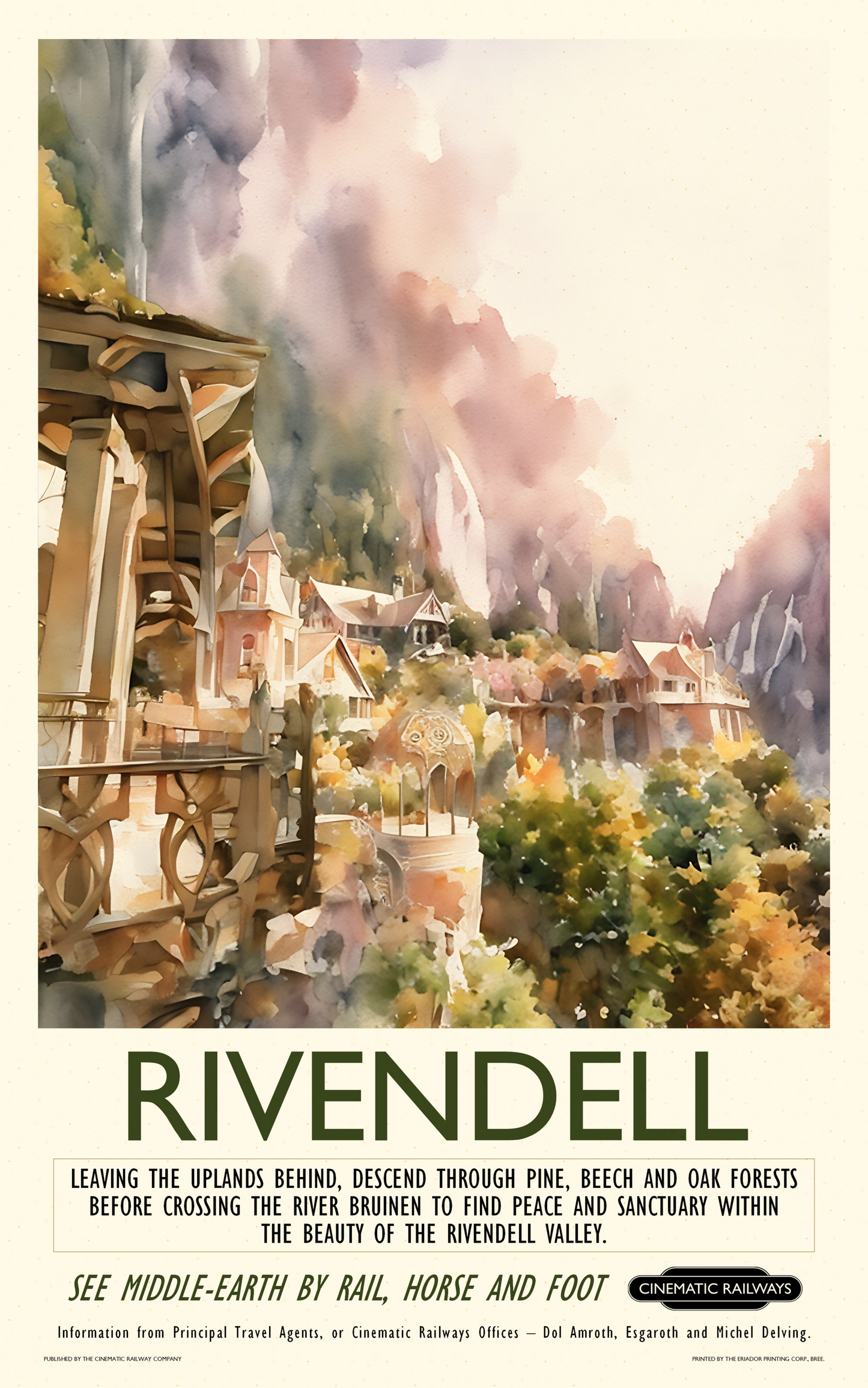 Rivendell - a vintage travel poster inspired by your favourite film / movie - Cinematic Railways