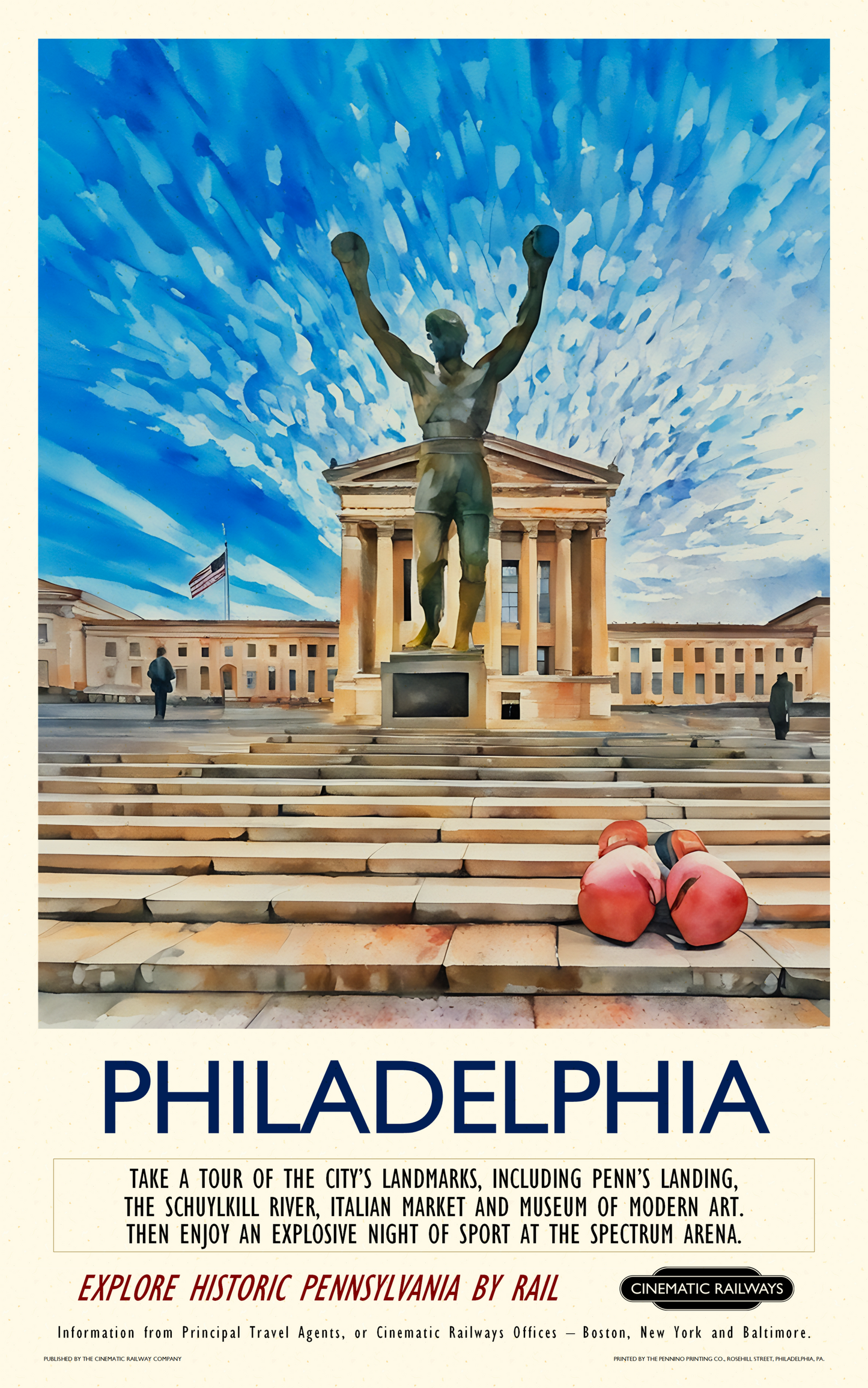 Philadelphia - a vintage travel poster inspired by your favourite film / movie - Cinematic Railways