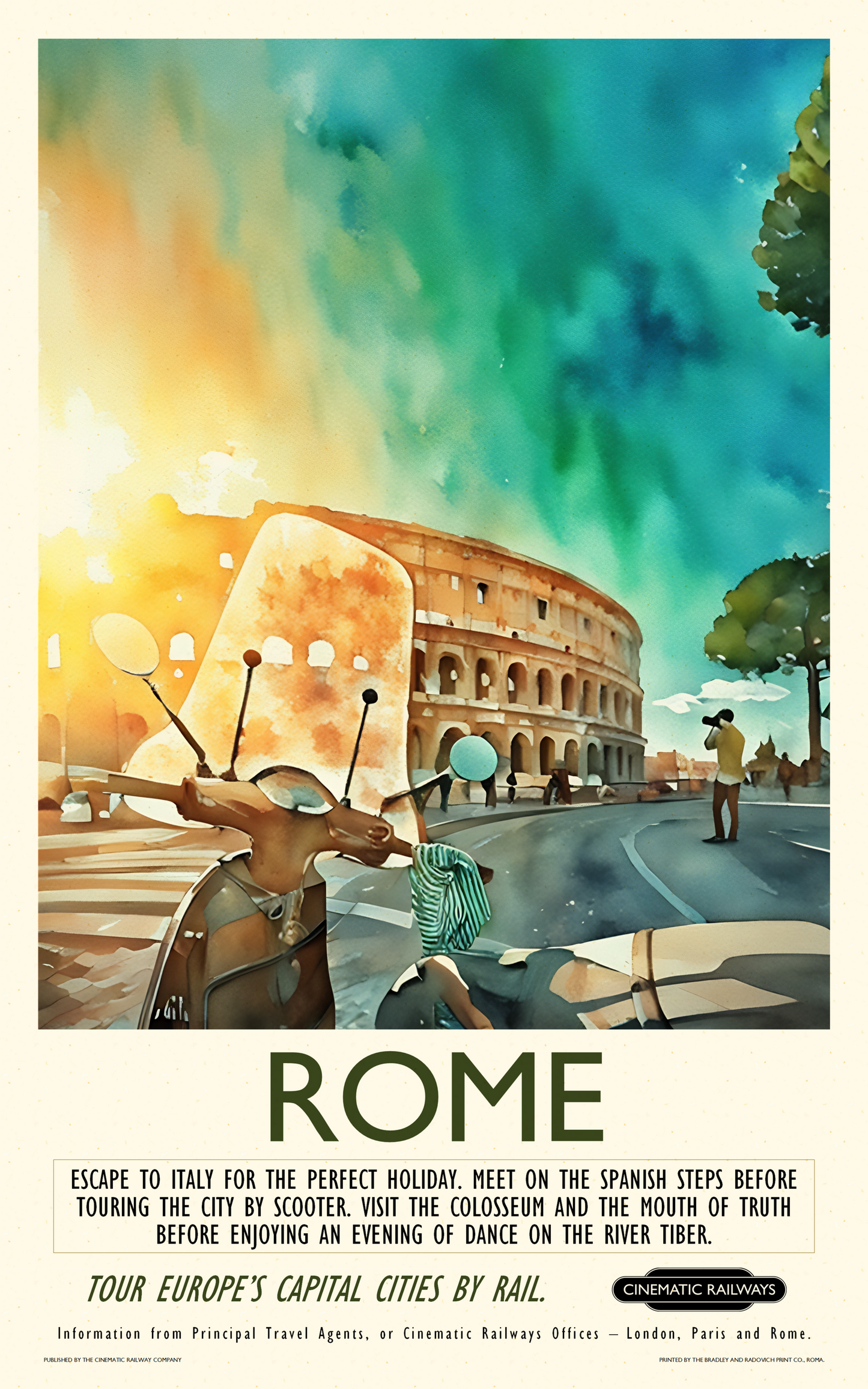 Rome - a vintage travel poster inspired by your favourite film / movie - Cinematic Railways