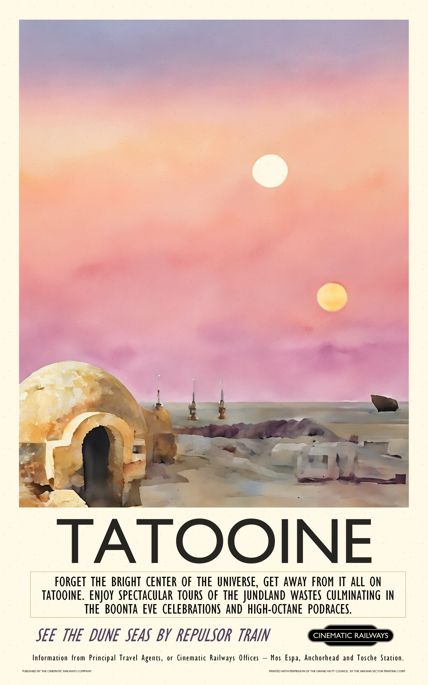 Tatooine - a vintage travel poster inspired by your favourite film / movie - Cinematic Railways