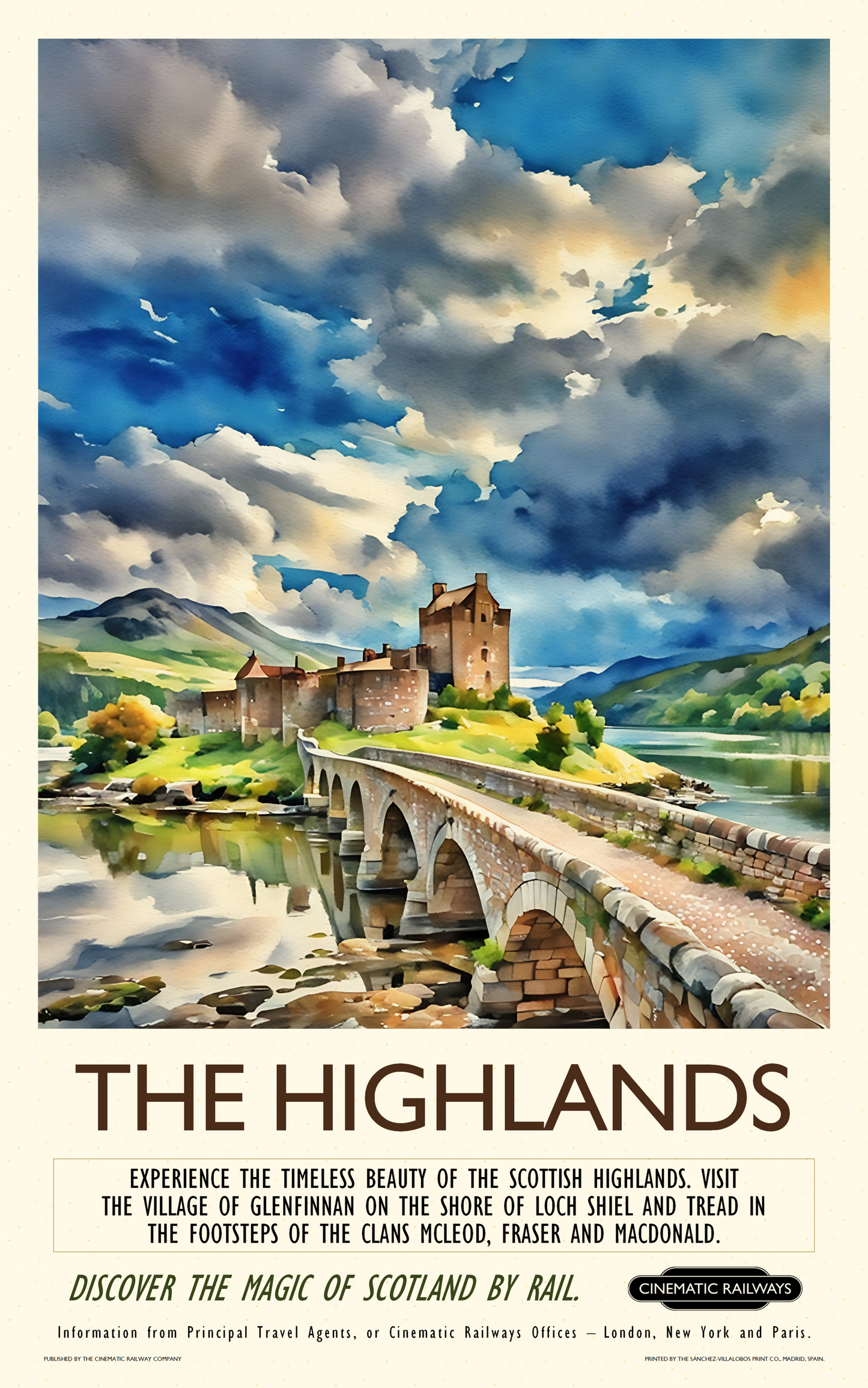 The Highlands - a vintage travel poster inspired by your favourite film / movie - Cinematic Railways