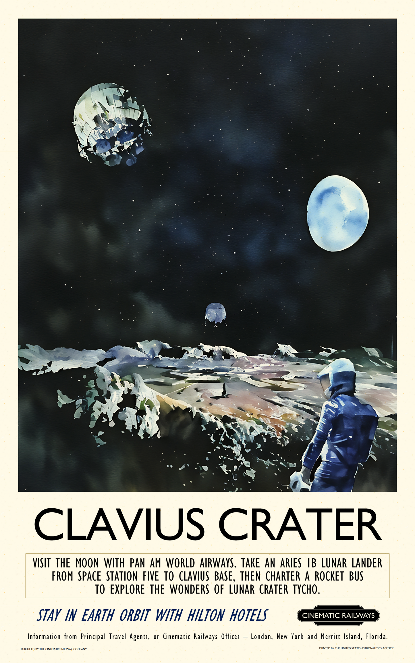 Clavius Crater - a vintage travel poster inspired by your favourite film / movie - Cinematic Railways