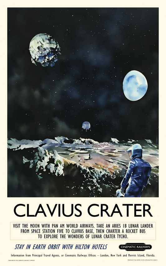 Clavius Crater  - a vintage travel poster inspired by your favourite film / movie - Cinematic Railways