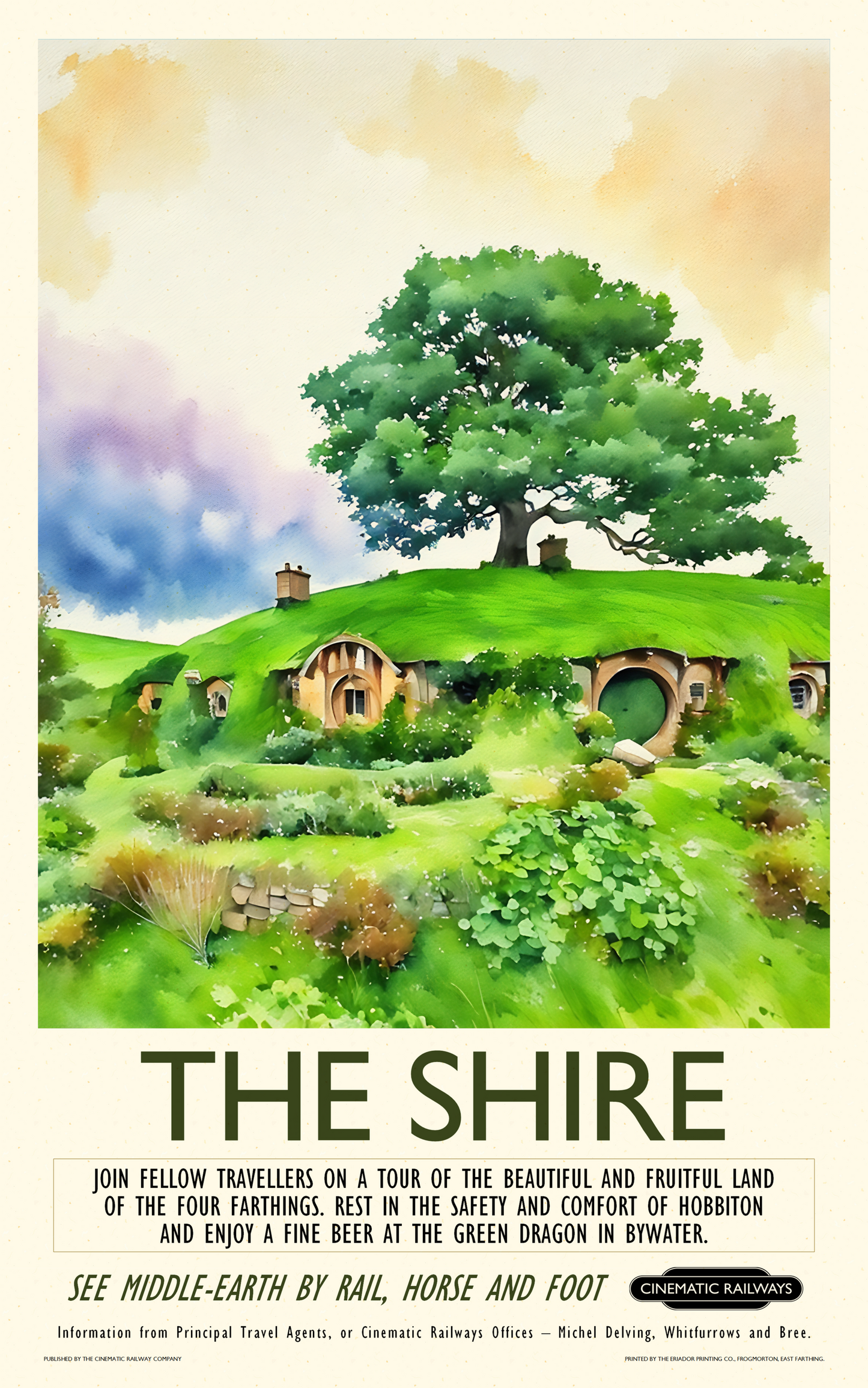 The Shire - a vintage travel poster inspired by your favourite film / movie - Cinematic Railways