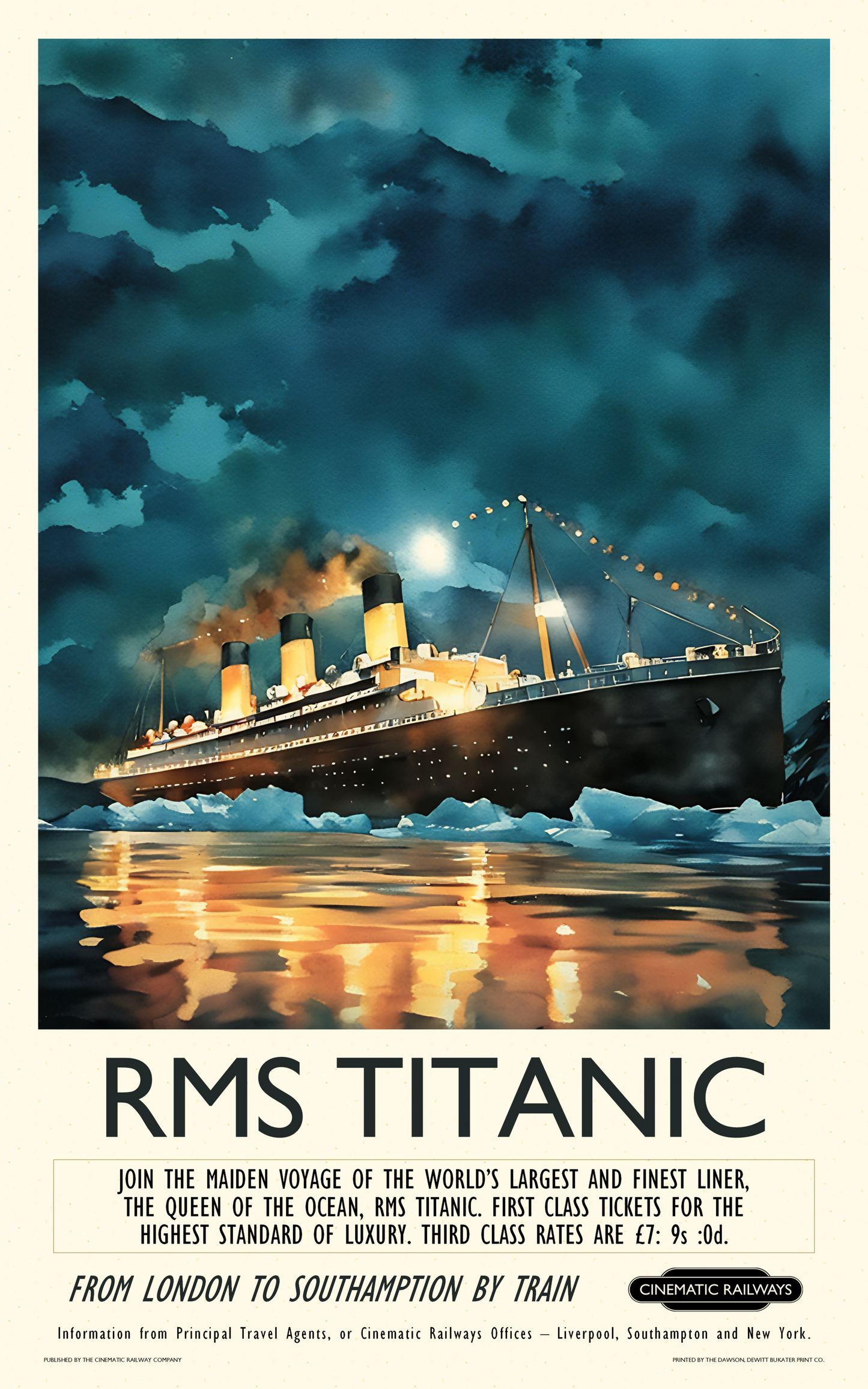 RMS Titanic - a vintage travel poster inspired by your favourite film / movie - Cinematic Railways