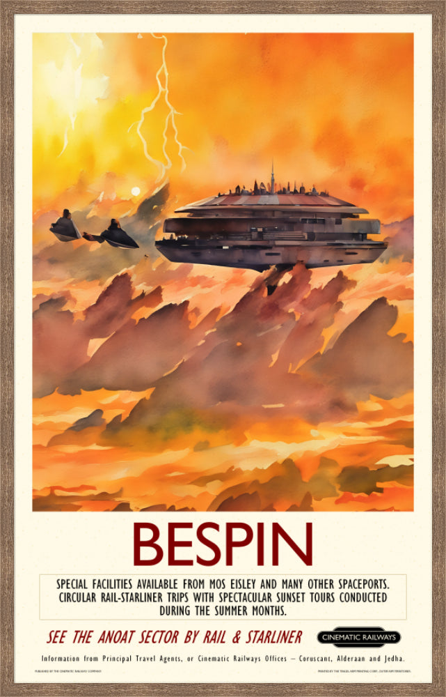 Bespin - a vintage travel poster inspired by your favourite film / movie - Cinematic Railways