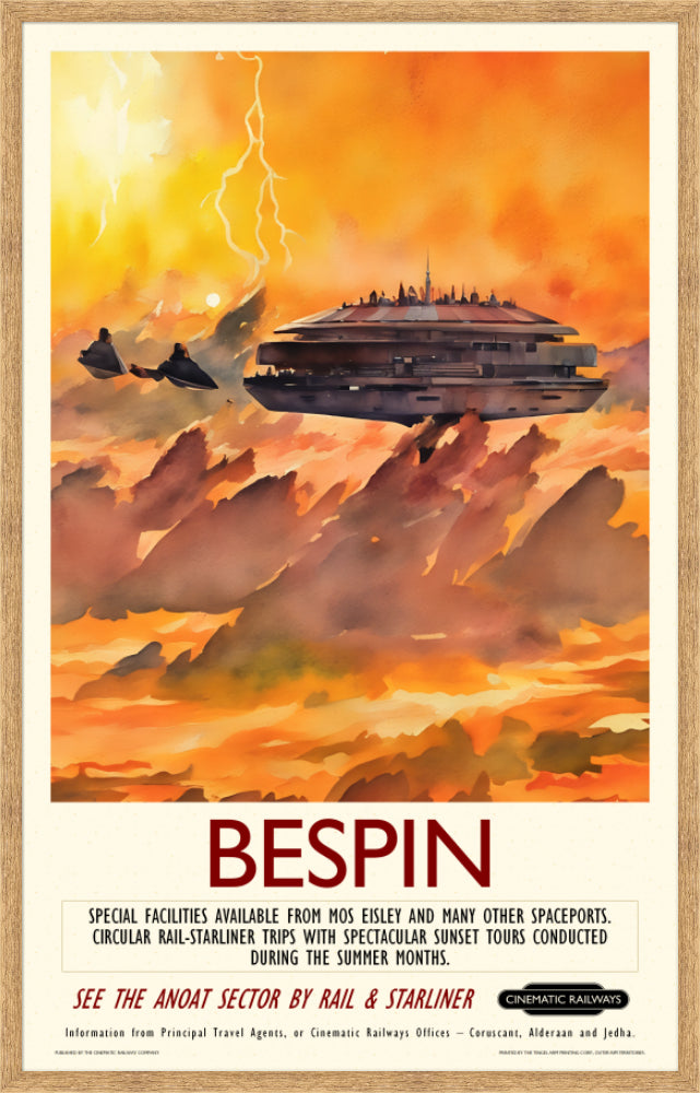 Bespin - a vintage travel poster inspired by your favourite film / movie - Cinematic Railways