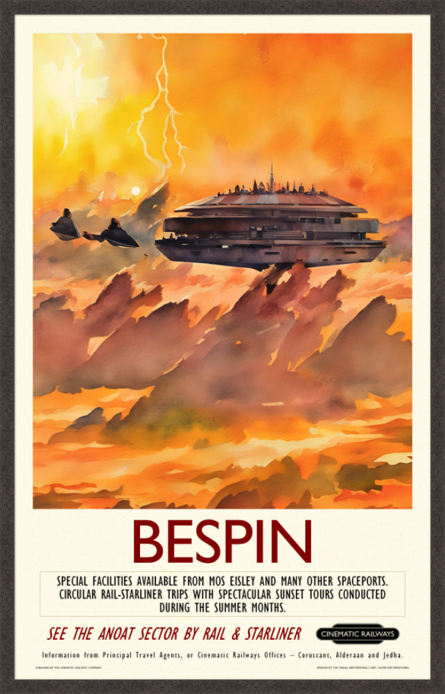 Bespin - a vintage travel poster inspired by your favourite film / movie - Cinematic Railways