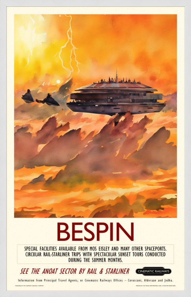 Bespin - a vintage travel poster inspired by your favourite film / movie - Cinematic Railways