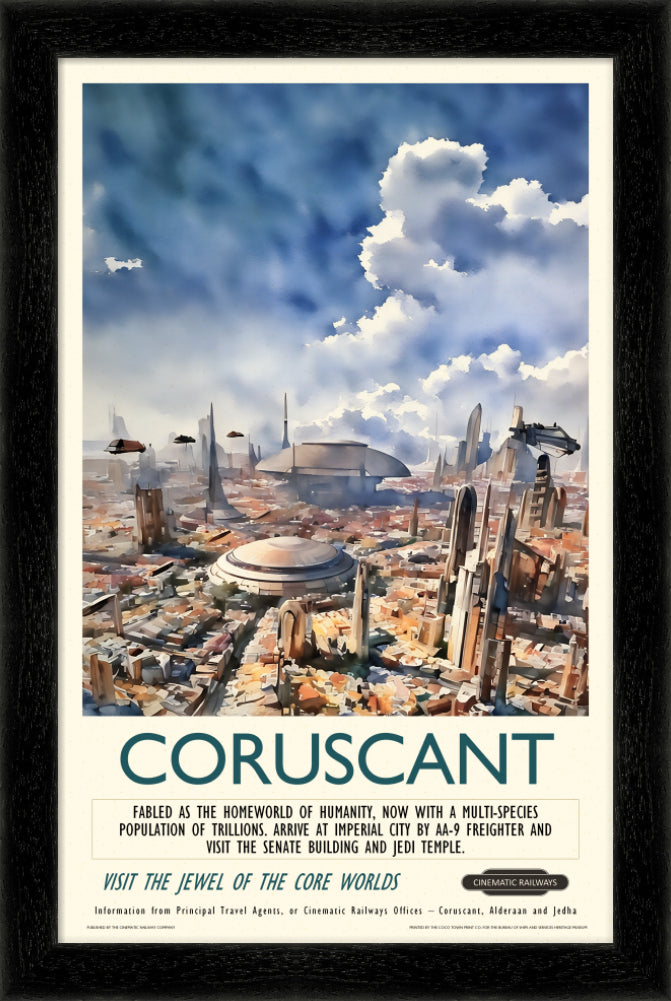 Coruscant - a vintage travel poster inspired by your favourite film / movie - Cinematic Railways