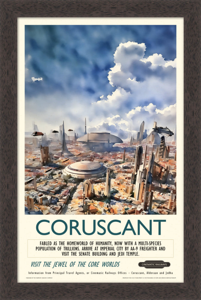 Coruscant - a vintage travel poster inspired by your favourite film / movie - Cinematic Railways