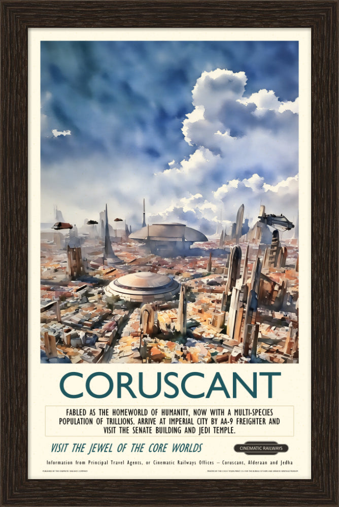 Coruscant - a vintage travel poster inspired by your favourite film / movie - Cinematic Railways