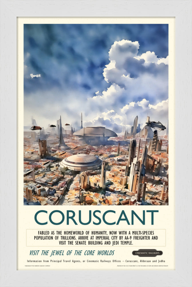 Coruscant - a vintage travel poster inspired by your favourite film / movie - Cinematic Railways