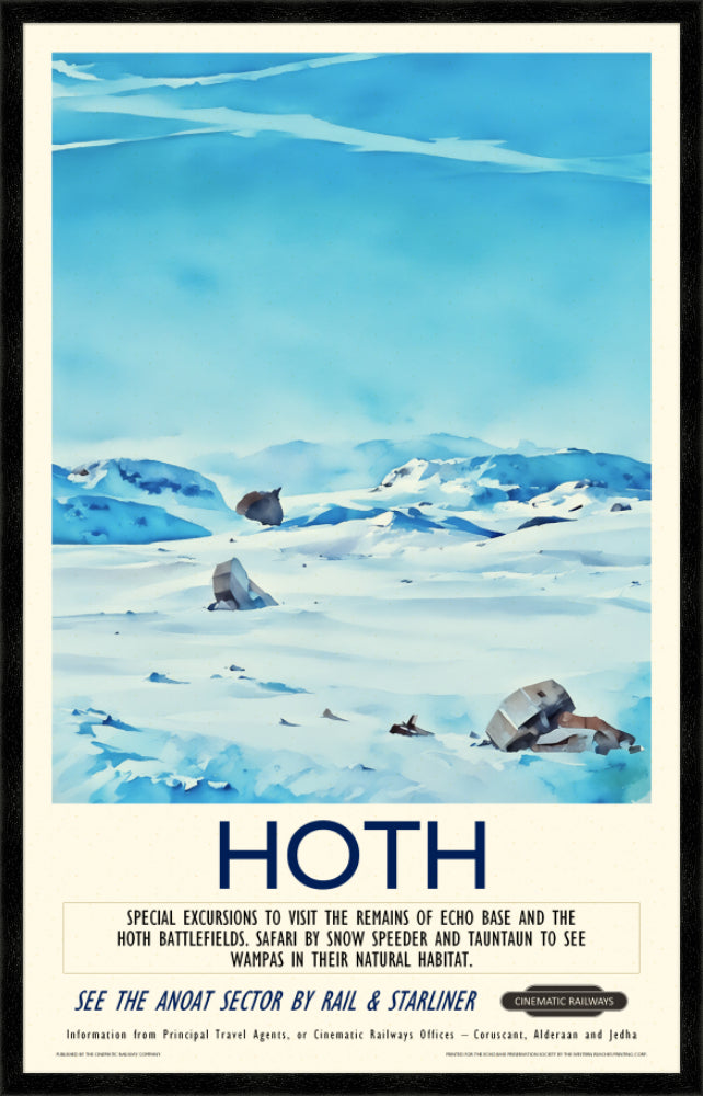 Hoth - a vintage travel poster inspired by your favourite film / movie - Cinematic Railways