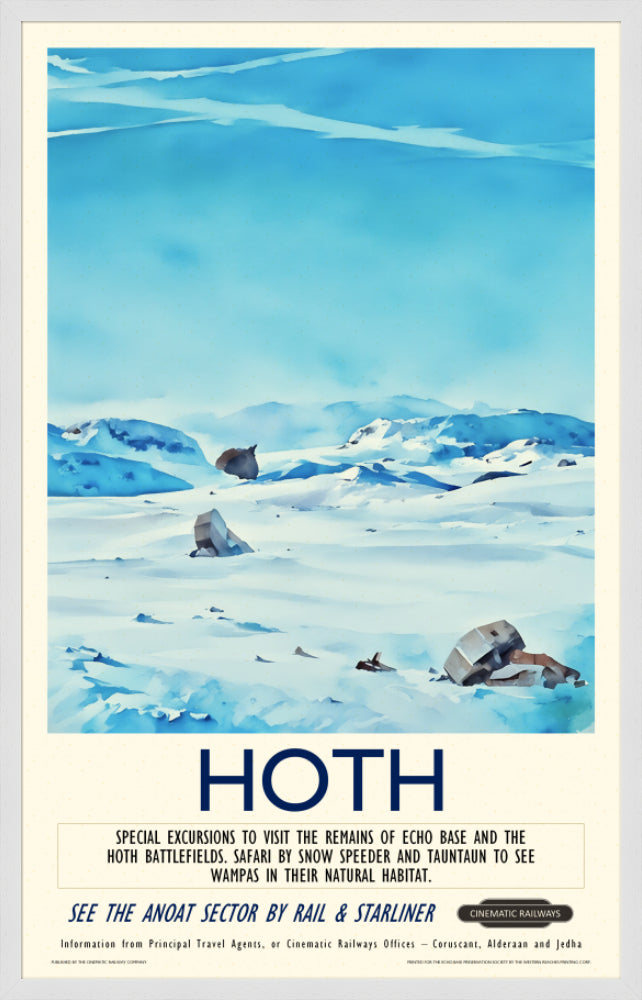 Hoth - a vintage travel poster inspired by your favourite film / movie - Cinematic Railways