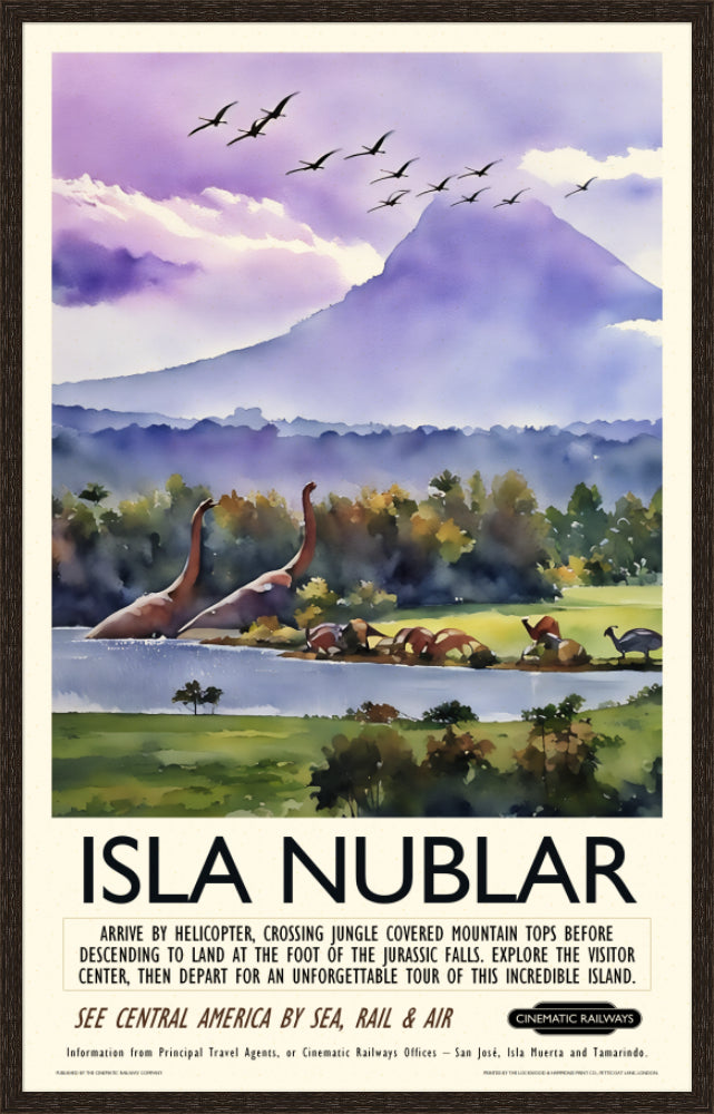Isla Nublar - a vintage travel poster inspired by your favourite film / movie - Cinematic Railways