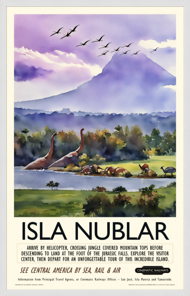 Isla Nublar - a vintage travel poster inspired by your favourite film / movie - Cinematic Railways