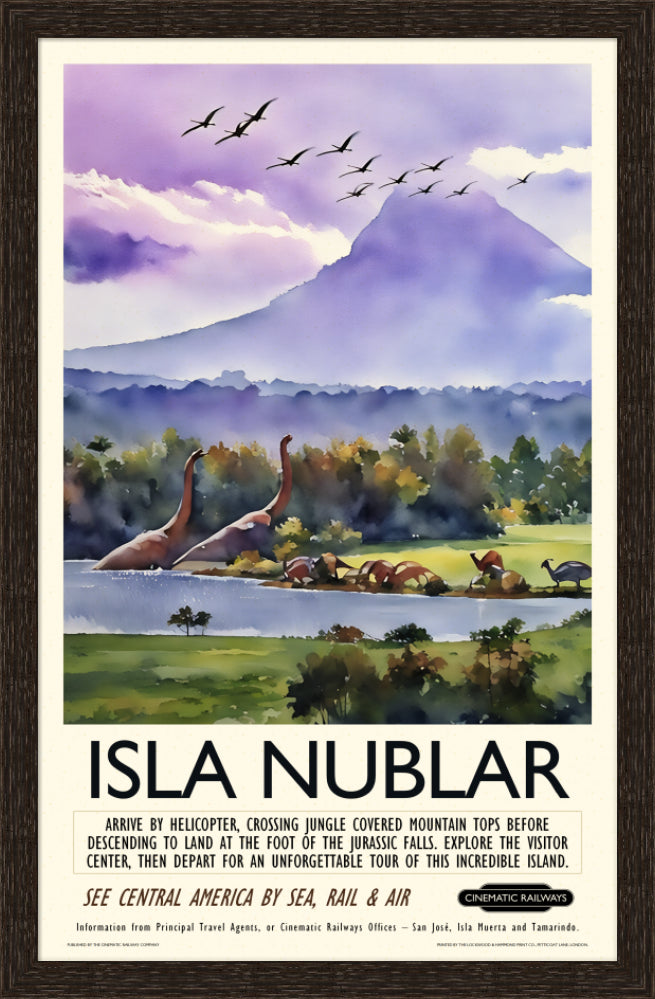 Isla Nublar - a vintage travel poster inspired by your favourite film / movie - Cinematic Railways