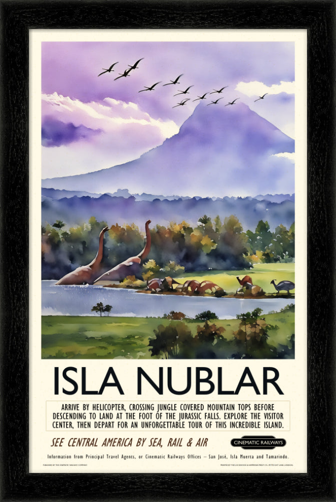 Isla Nublar - a vintage travel poster inspired by your favourite film / movie - Cinematic Railways