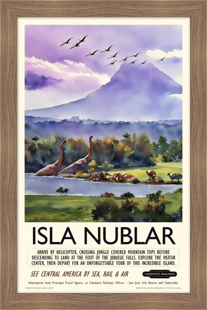 Isla Nublar - a vintage travel poster inspired by your favourite film / movie - Cinematic Railways