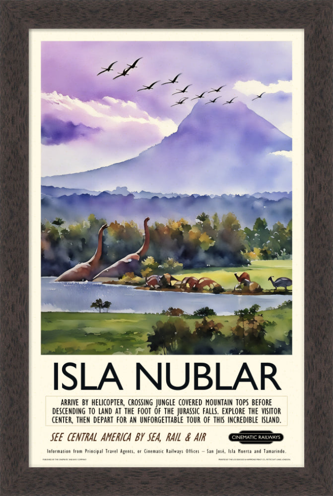 Isla Nublar - a vintage travel poster inspired by your favourite film / movie - Cinematic Railways