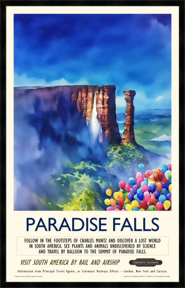 Paradise Falls - a vintage travel poster inspired by your favourite film / movie - Cinematic Railways