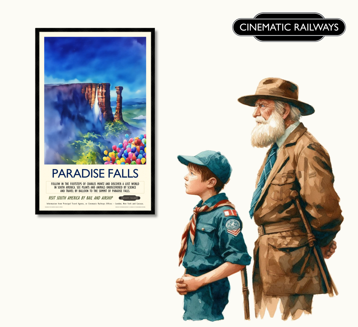 Paradise Falls - a vintage travel poster inspired by your favourite film / movie - Cinematic Railways
