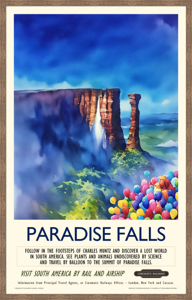 Paradise Falls - a vintage travel poster inspired by your favourite film / movie - Cinematic Railways