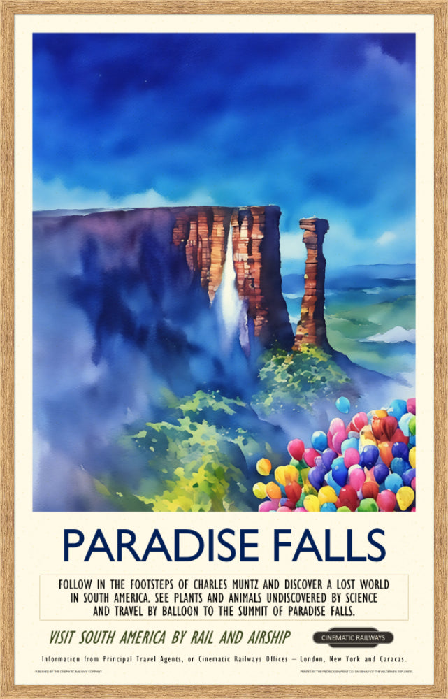 Paradise Falls - a vintage travel poster inspired by your favourite film / movie - Cinematic Railways