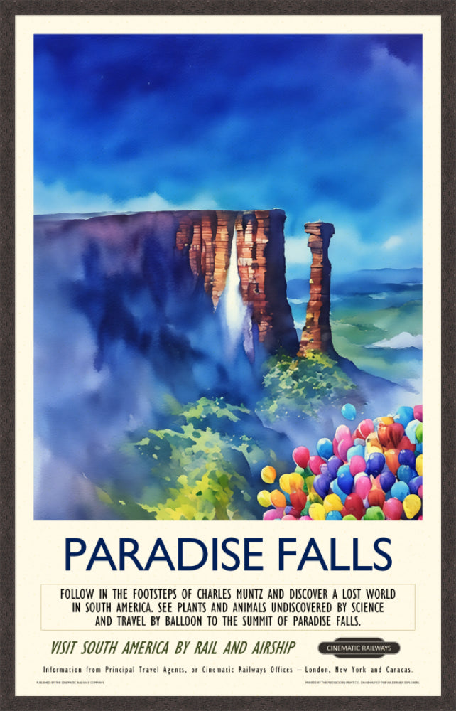 Paradise Falls - a vintage travel poster inspired by your favourite film / movie - Cinematic Railways