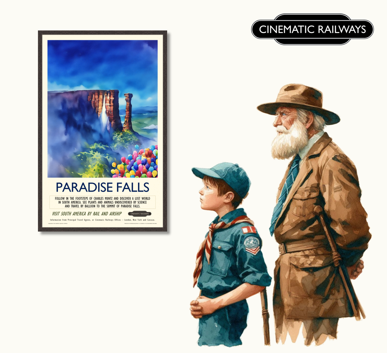 Paradise Falls - a vintage travel poster inspired by your favourite film / movie - Cinematic Railways