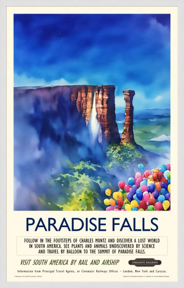 Paradise Falls - a vintage travel poster inspired by your favourite film / movie - Cinematic Railways
