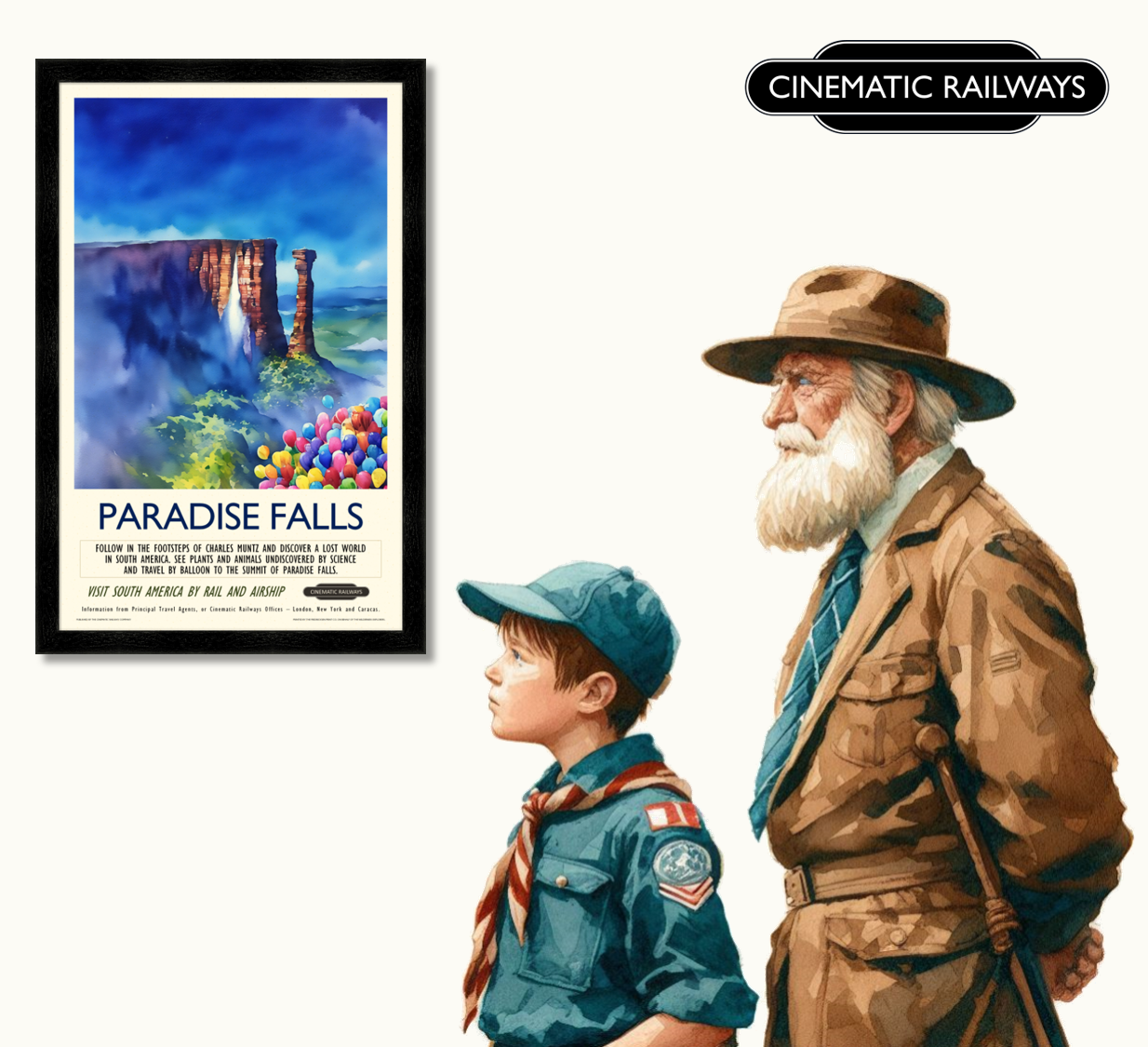 Paradise Falls - a vintage travel poster inspired by your favourite film / movie - Cinematic Railways