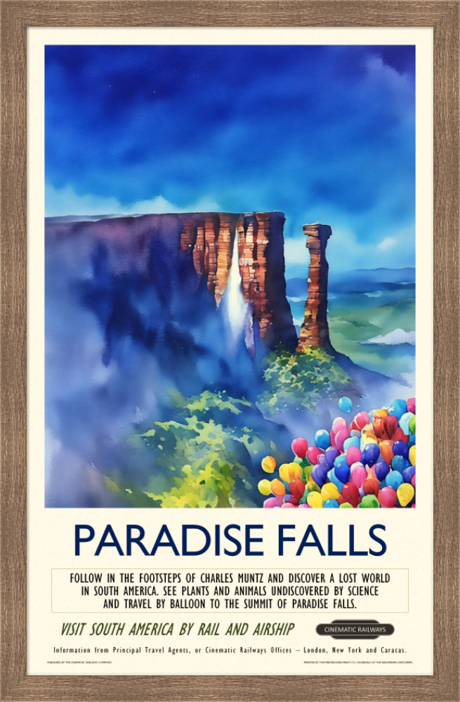 Paradise Falls - a vintage travel poster inspired by your favourite film / movie - Cinematic Railways
