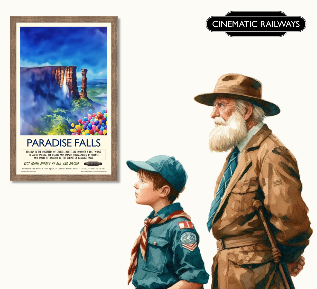 Paradise Falls - a vintage travel poster inspired by your favourite film / movie - Cinematic Railways