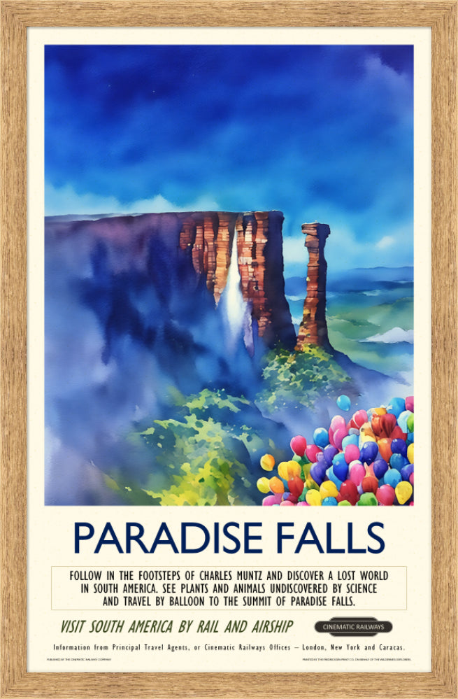 Paradise Falls - a vintage travel poster inspired by your favourite film / movie - Cinematic Railways