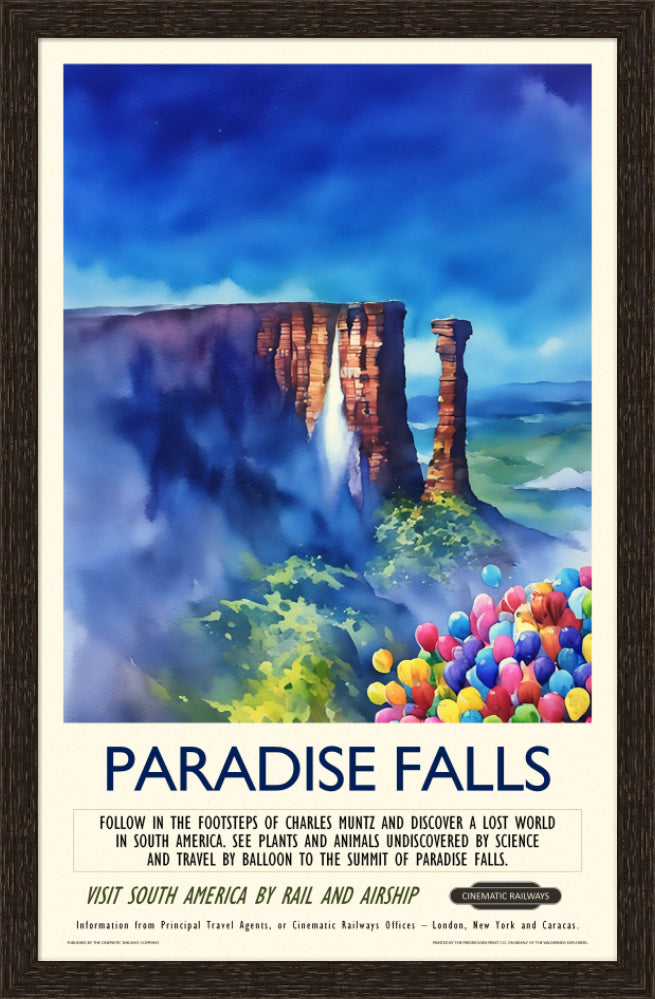 Paradise Falls - a vintage travel poster inspired by your favourite film / movie - Cinematic Railways