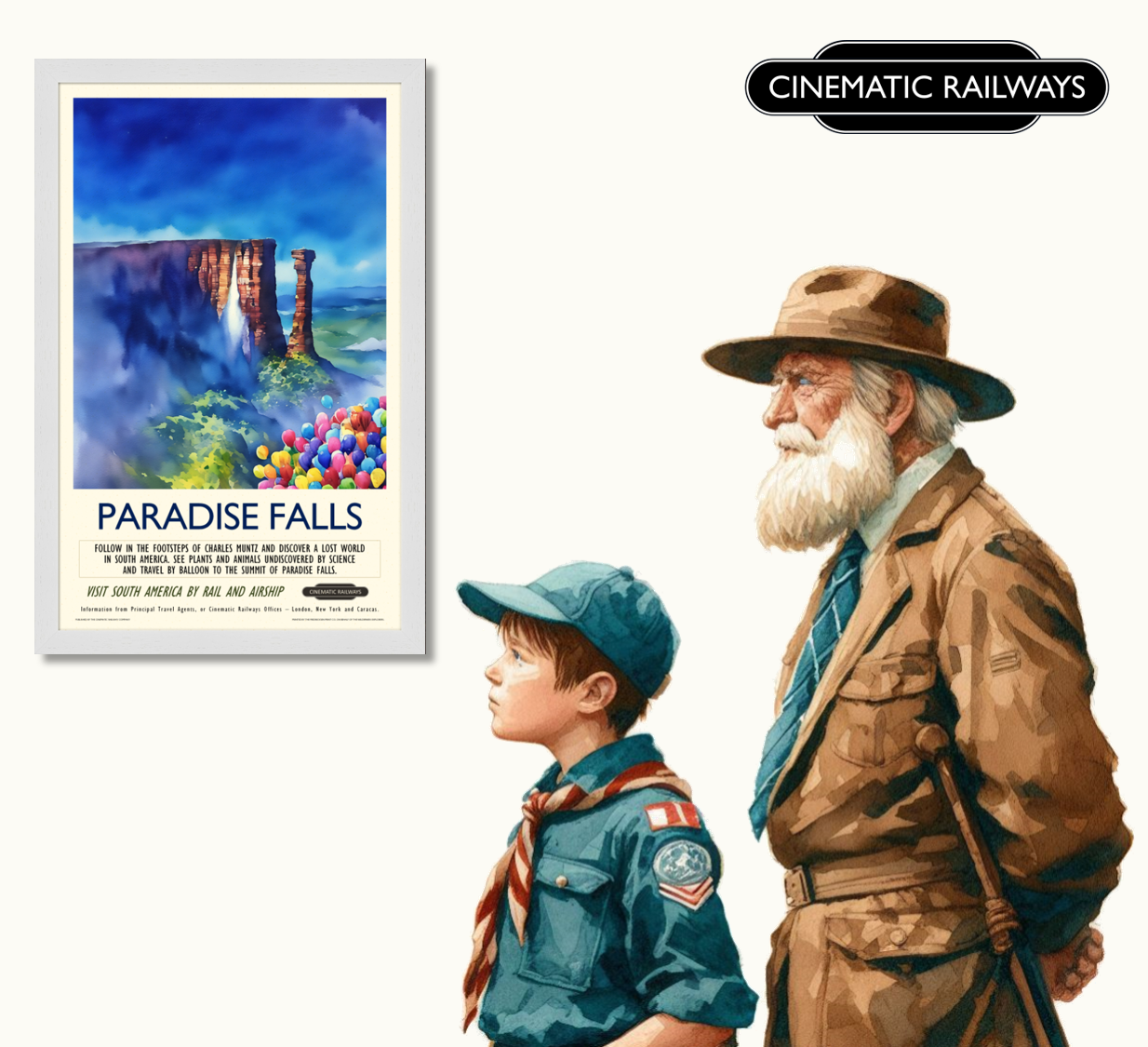 Paradise Falls - a vintage travel poster inspired by your favourite film / movie - Cinematic Railways