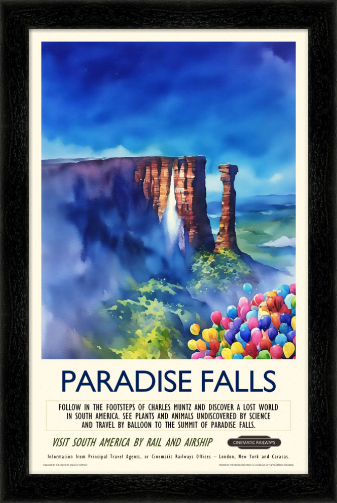 Paradise Falls - a vintage travel poster inspired by your favourite film / movie - Cinematic Railways