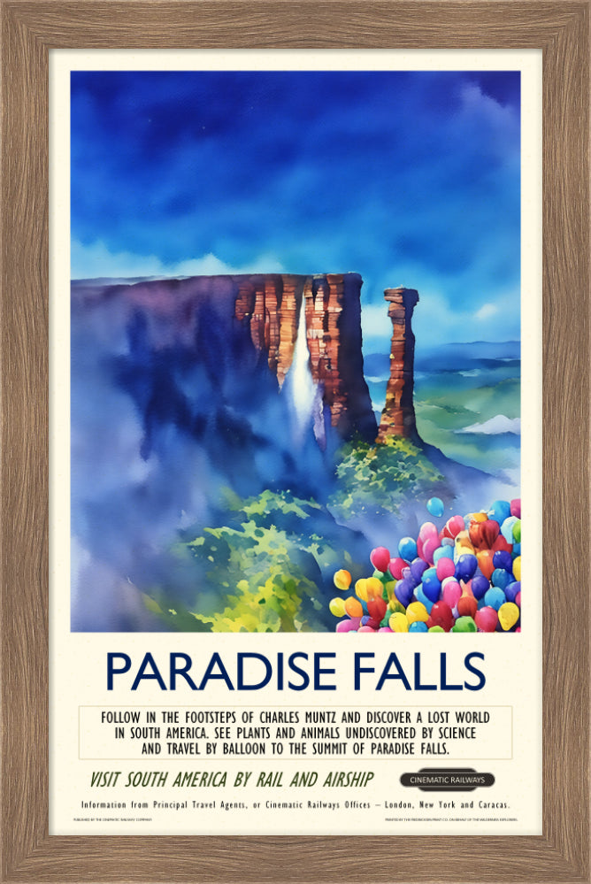 Paradise Falls - a vintage travel poster inspired by your favourite film / movie - Cinematic Railways